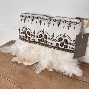 Anthropologie Beaded Embelished Clutch with Feather Trim